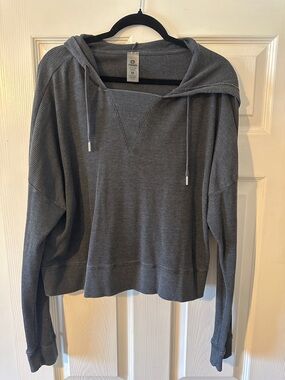 Gray Hooded Waffle-Knit Long Sleeve Top